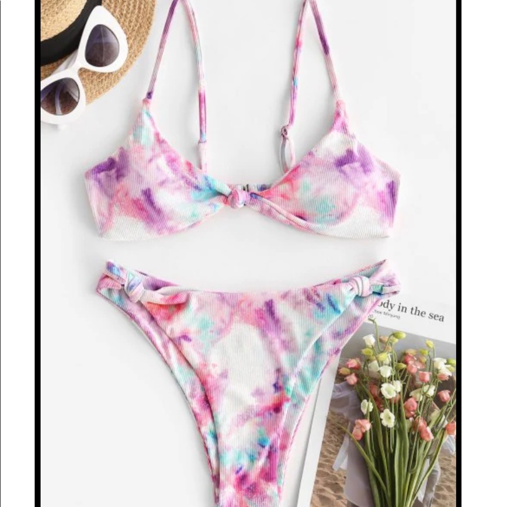 Zaful Tie Dye Ribbed Bikini Knot Front size Small